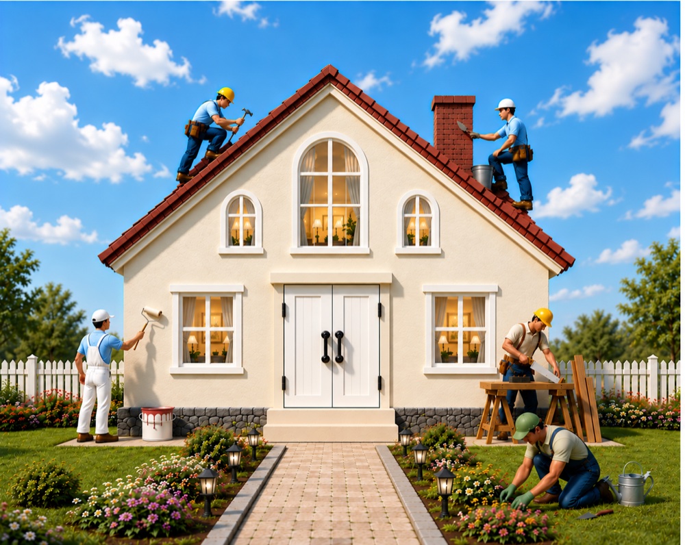 GogServ illustration of people repairing, painting, and caring for a home